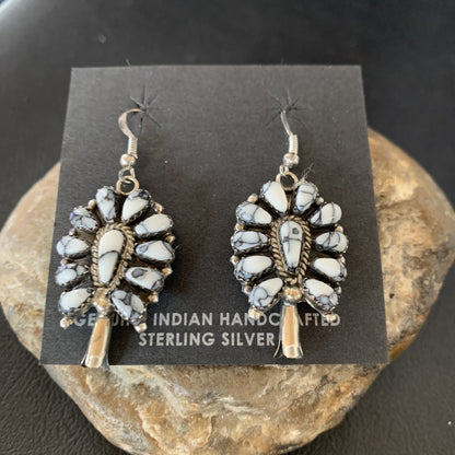 Cluster Navajo White Buffalo Turquoise Sterling Silver Dangle Earrings 12837