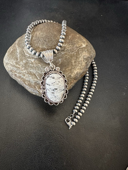 White Buffalo Turquoise Pendant Navajo Pearls Sterling Silver Necklace 19373