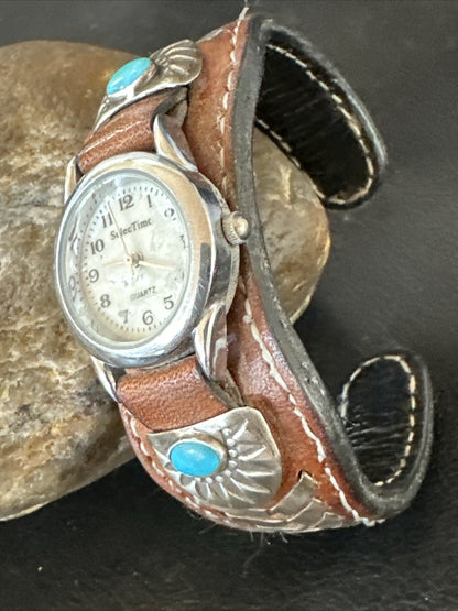 Womens Blue Turquoise Navajo Sterling Silver Cuff Watch Leather Bracelet 17736