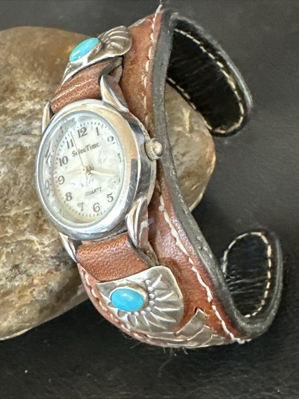 Women's Blue Turquoise Navajo Cuff Watch Leather Bracelet | Sterling Silver | Authentic Native American Handmade | 17736
