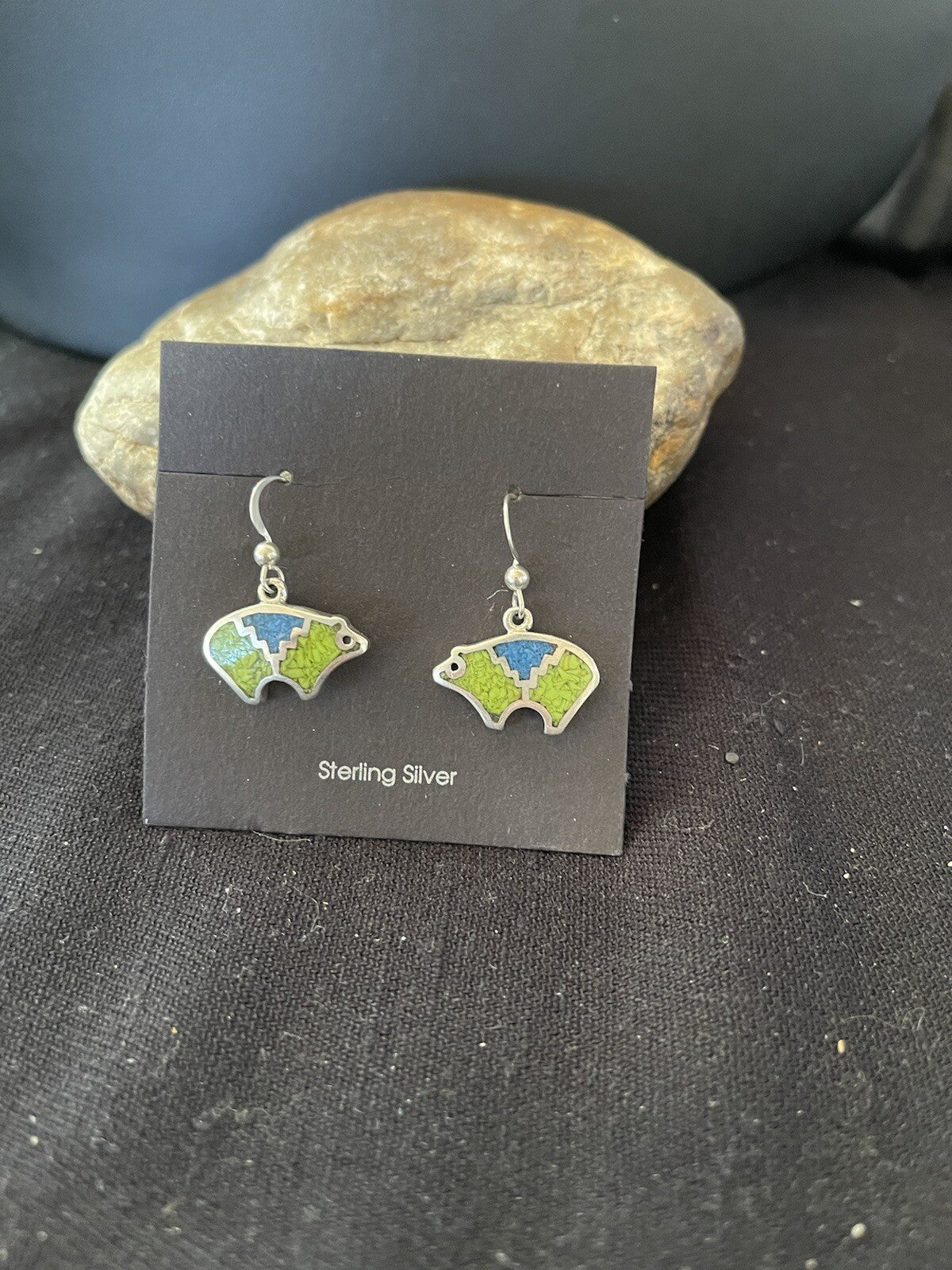 Blue Lapis & Green Turquoise Sterling Silver Bear Inlay Earrings 0.25" 01509