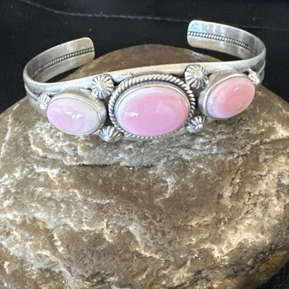 Navajo Pink Conch 3 Stone Sterling Silver Cuff Bracelet 18852