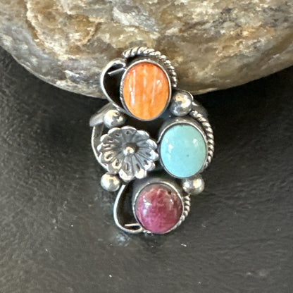 Multicolor Ring Turquoise Spiny Navajo Sterling Silver Cluster Size 8 19165