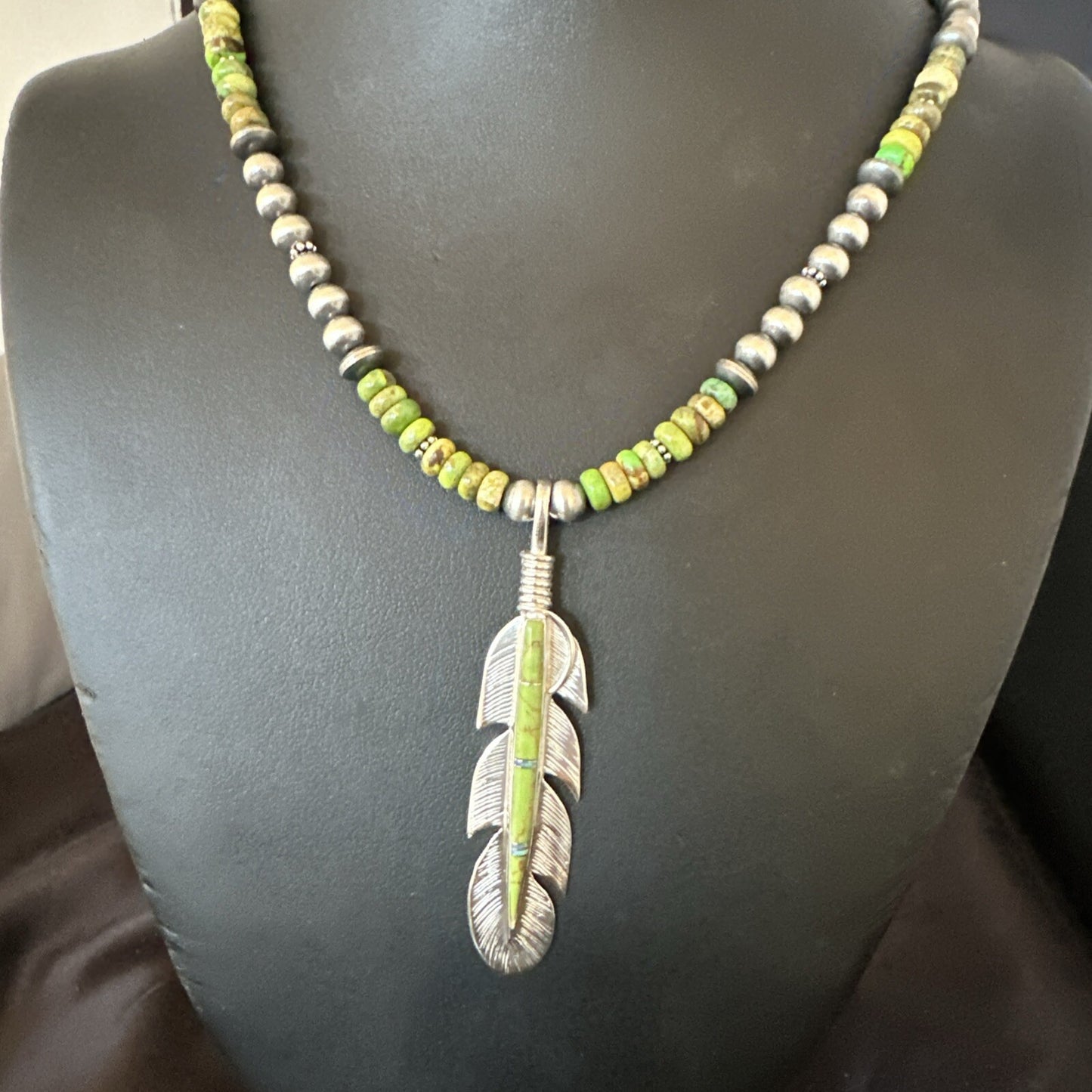 WoMens Green Gaspeite Turquoise Opal Leaf Pendant Sterling Silver Necklace 18665