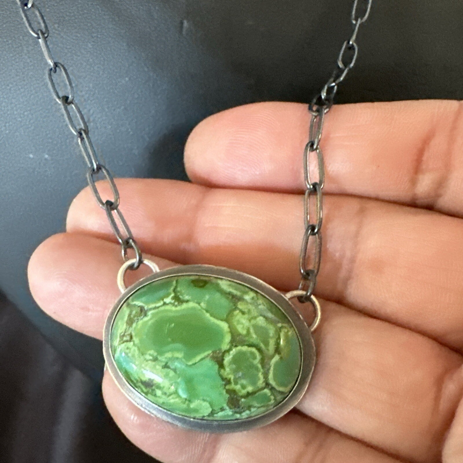 Navajo Sterling Silver Chain Green Turquoise Necklace Pendant 20" 11839