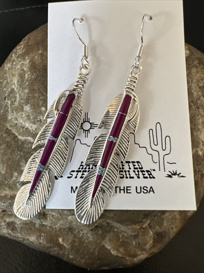 Purple Sugilite Opal Sterling Silver Handmade Inlay Feather Earrings 18694