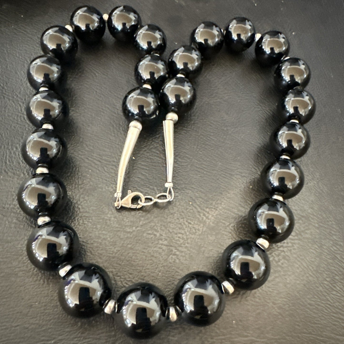 Black Onyx 16mm Large Bead Navajo Sterling Silver Necklace 20” 18787