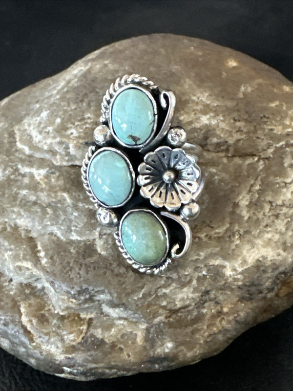 Yazzie Ring Green Turquoise Navajo Cluster Size 8 | Sterling Silver | Authentic Native American Handmade | 19198