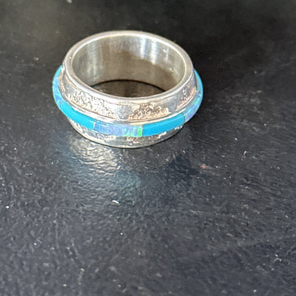 Turquoise & Opal Inlay Navajo Sterling Silver Eternity Band Ring Size 8 14542