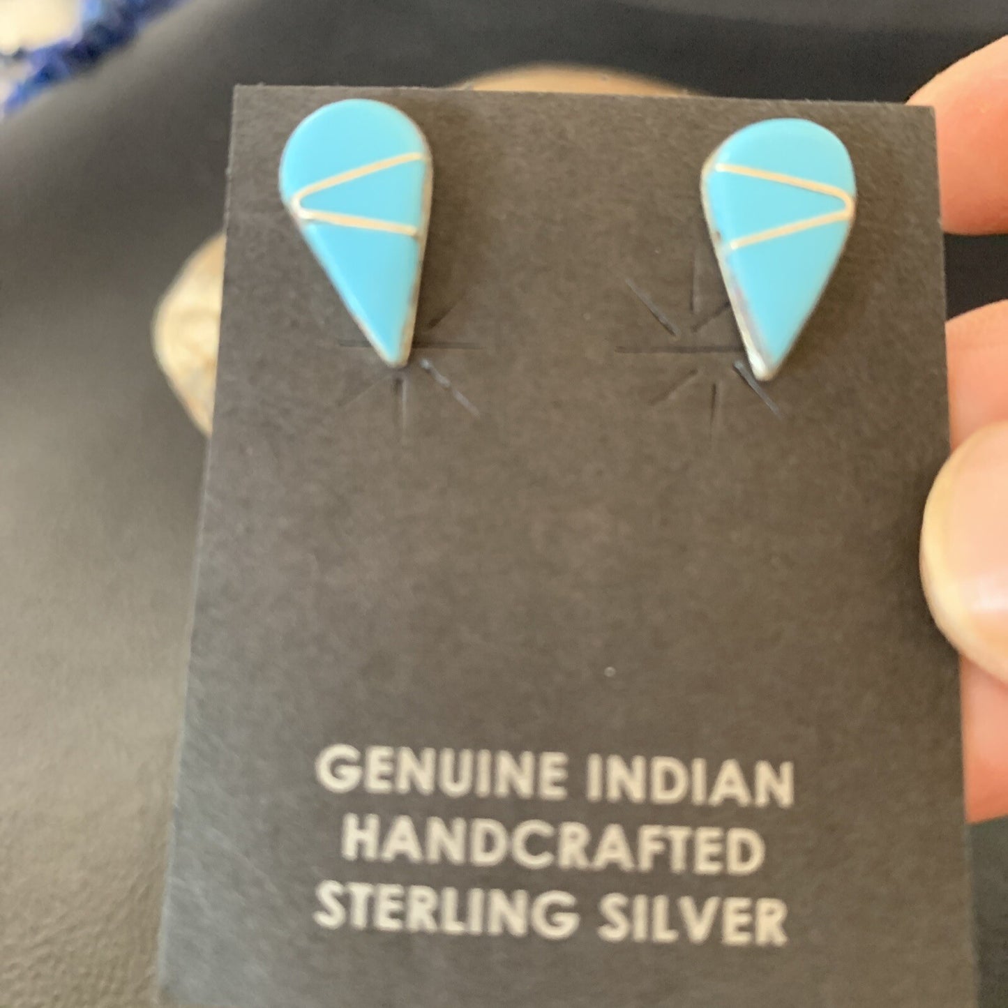 Blue Turquoise Inlay Zuni Sterling Silver Dangle Post Earrings 0.5" 12753