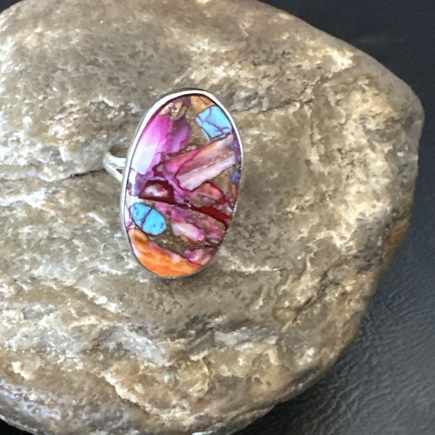 Blue Turquoise Spiny Oyster Southwestern Sterling Silver Ring Size 8 18429