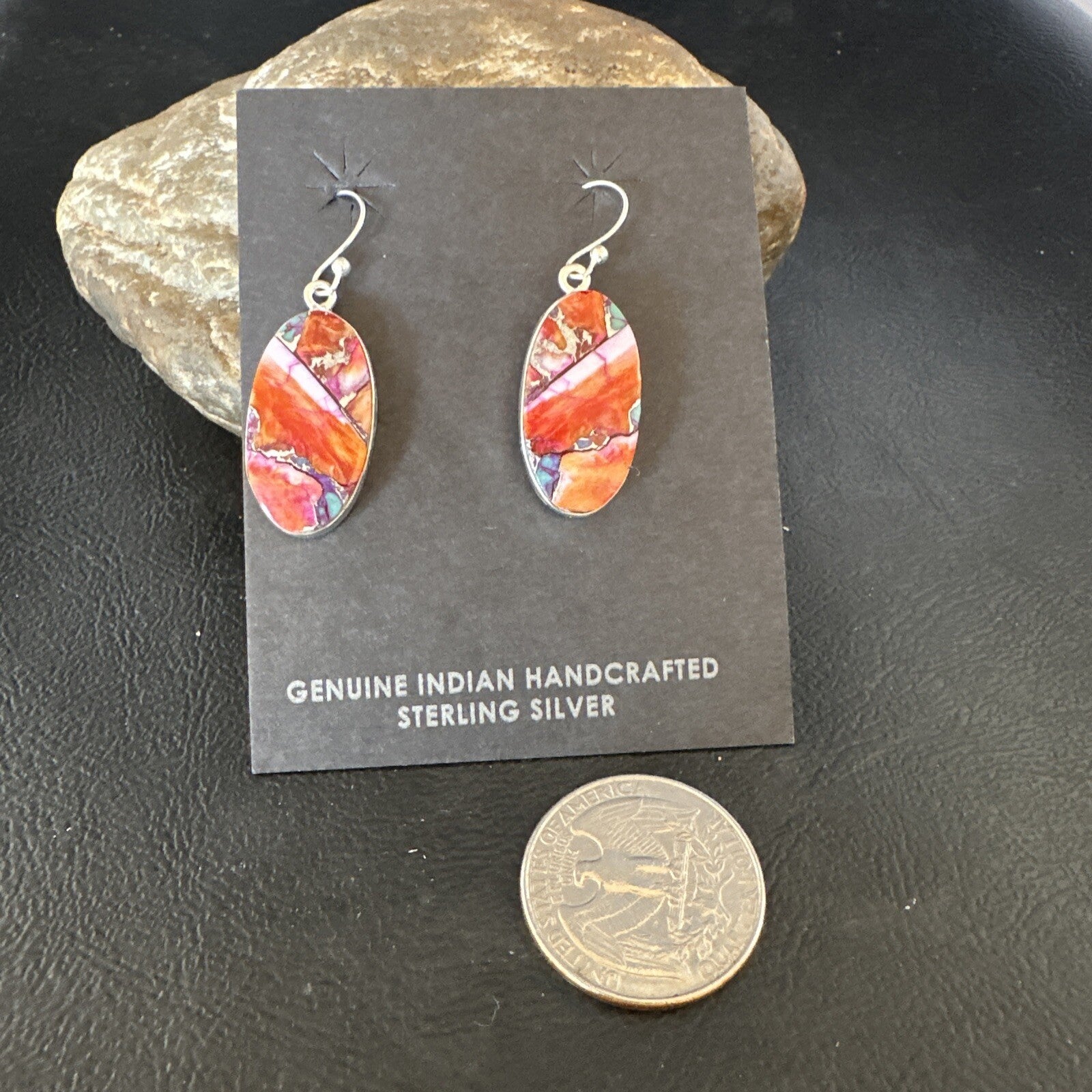 Blue Turquoise Red Spiny Oyster Inlay Sterling Silver Dangle Earrings 15558