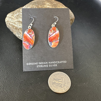 Blue Turquoise Red Spiny Oyster Inlay Sterling Silver Dangle Earrings 15558