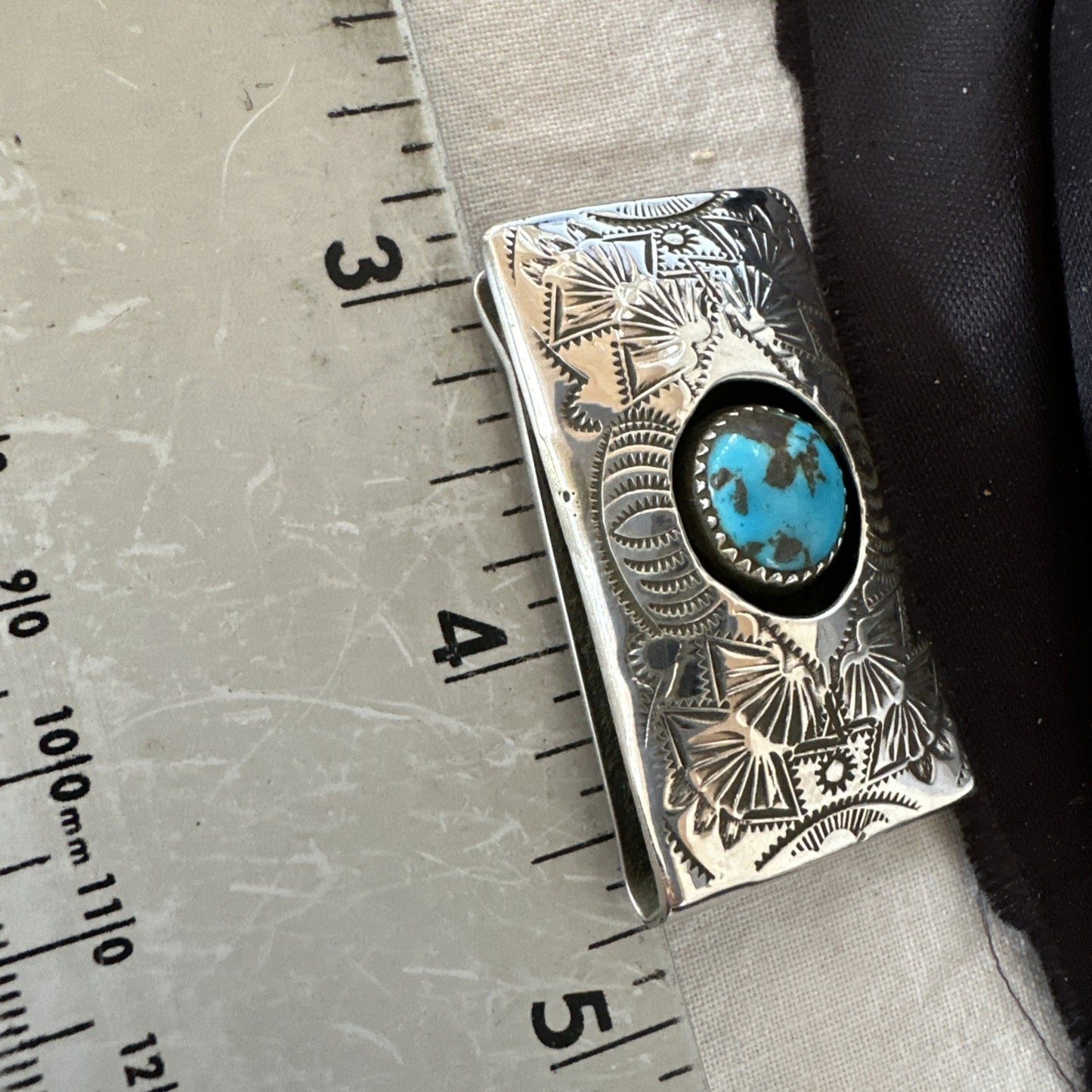 Mens Womens Blue Turquoise Navajo Stainless Stamped Silver Money Clip 19733