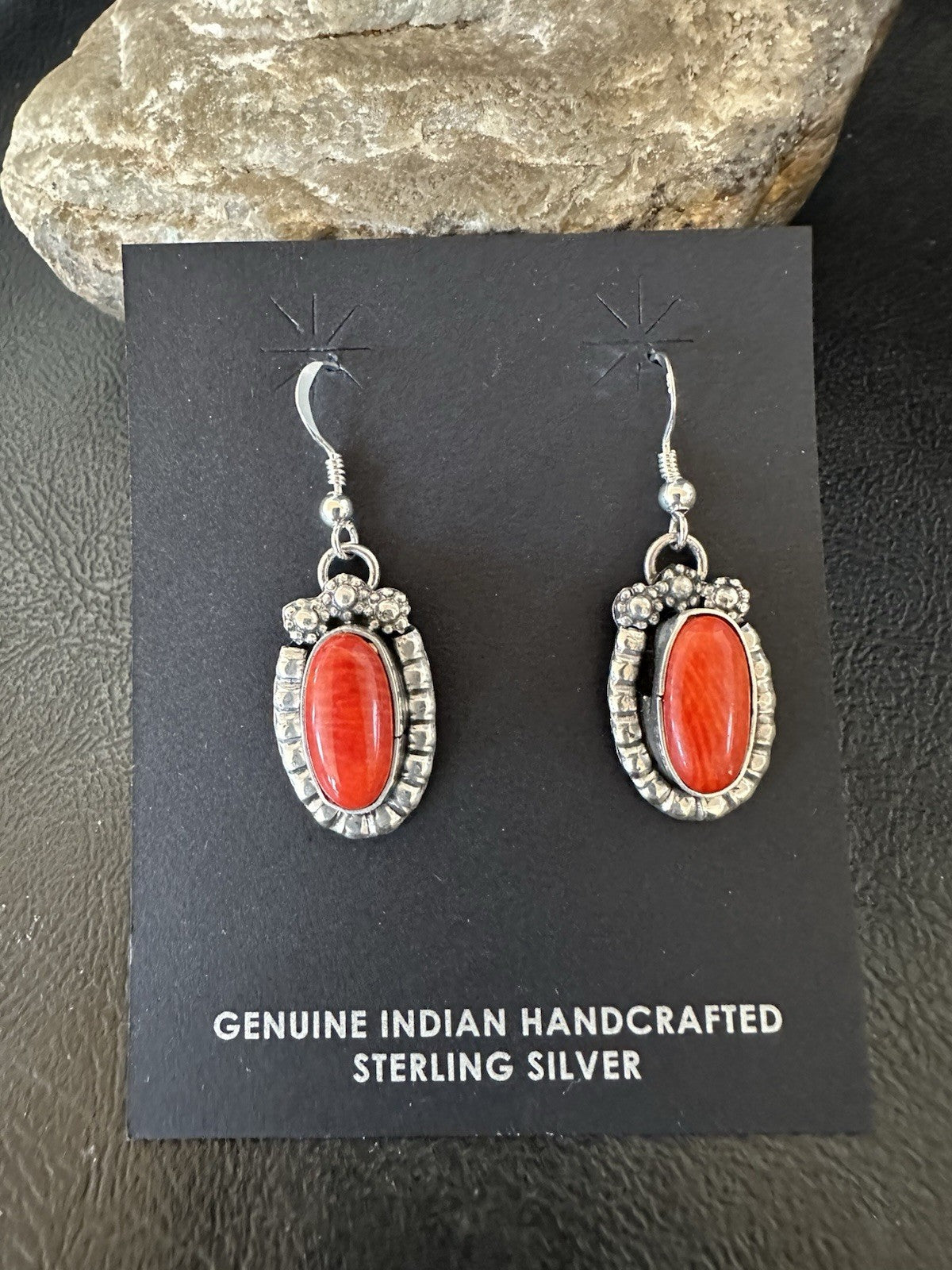Handmade Red Coral Sterling Silver Navajo Dangle Earrings Yazzie 19534