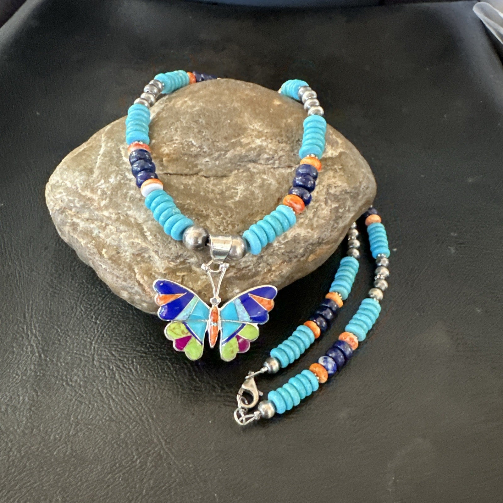 Butterfly Multicolor Turquoise Pendant Navajo Sterling Silver Necklace 19652