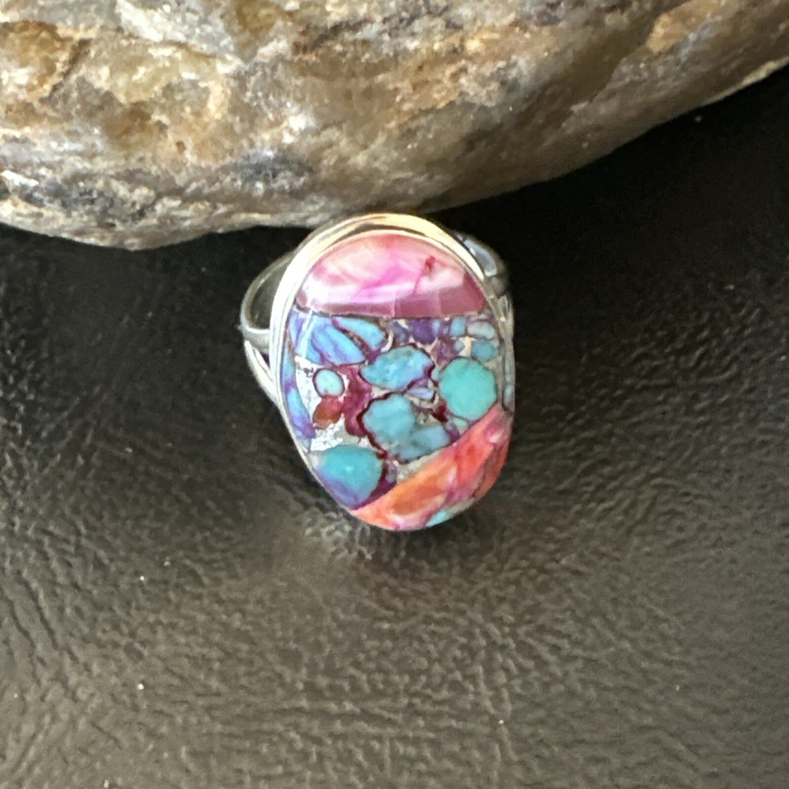 Blue Turquoise Spiny Oyster Southwestern Sterling Silver Ring Size 8 18484