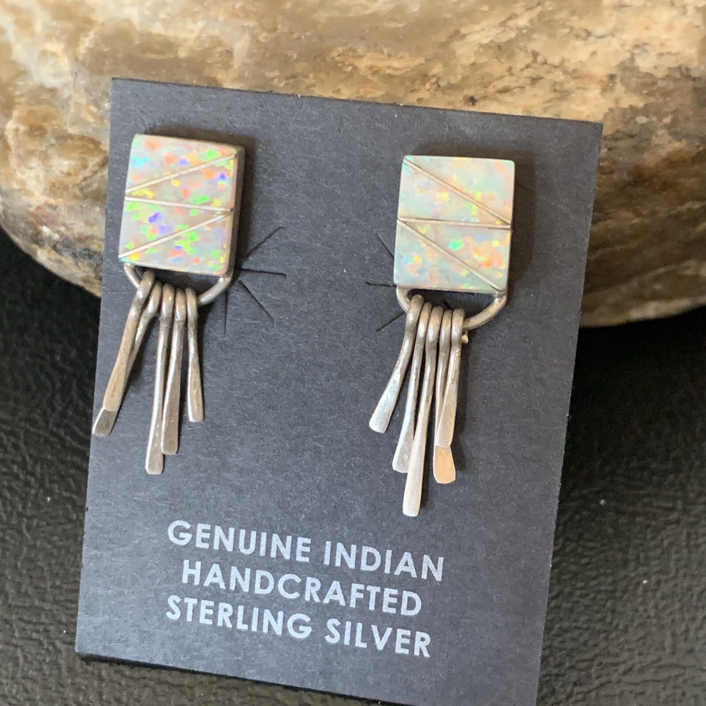 Womens White Opal Inlay Navajo Sterling Silver Dangle Post Earrings 0.5" 12765
