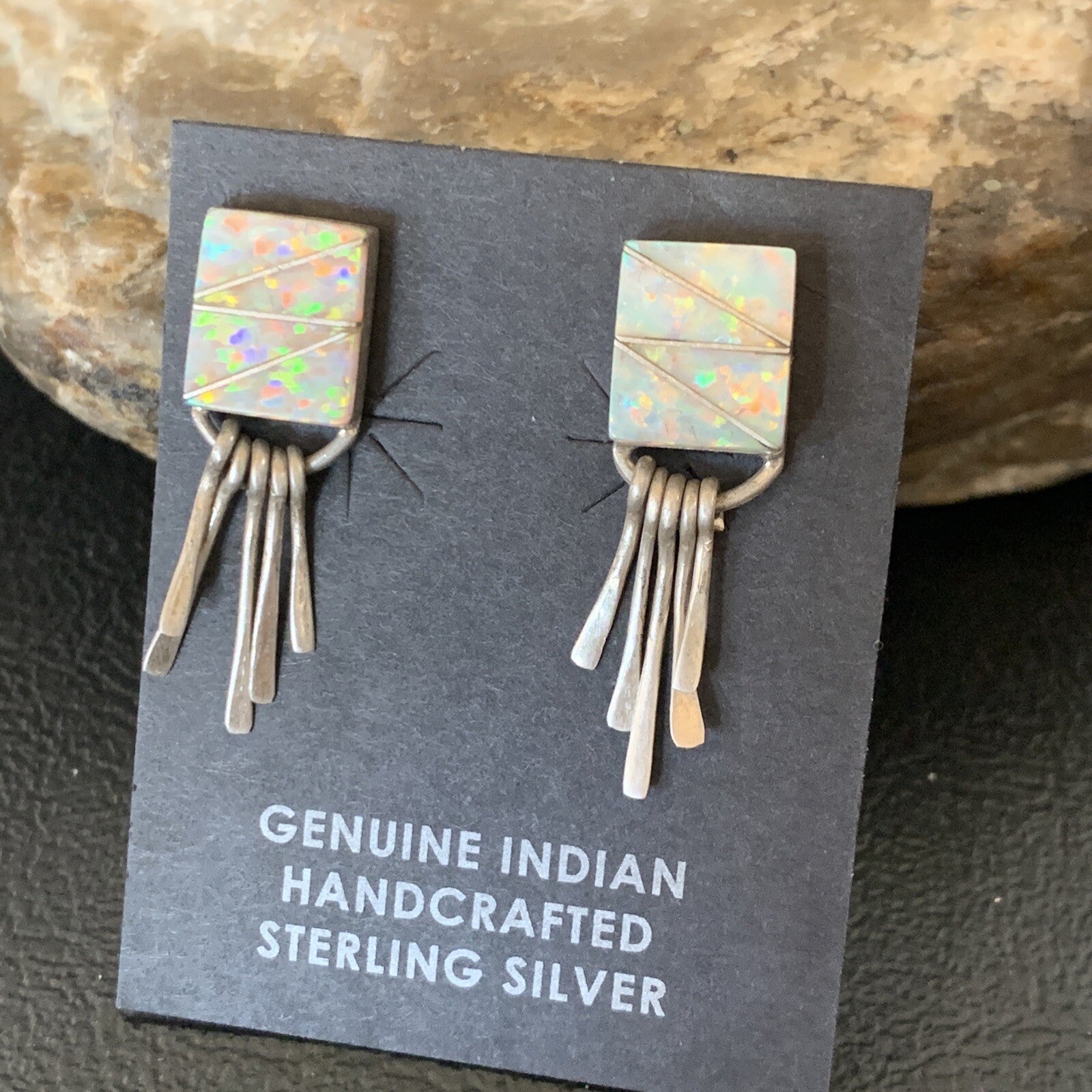 Womens White Opal Inlay Navajo Sterling Silver Dangle Post Earrings 0.5" 12765