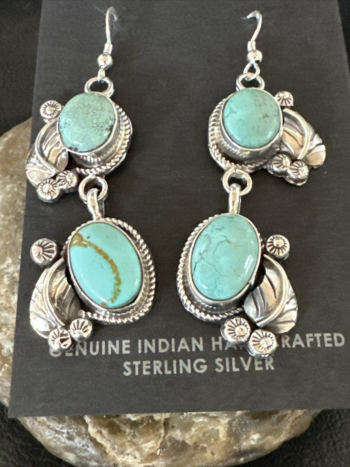 Native Navajo Blue Dry Creek Turquoise Sterling Silver Dangle Earrings 2” 17920