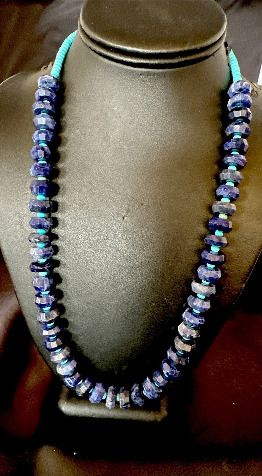 Mens Turquoise 12mm Faceted Lapis Bead Navajo Sterling Silver Necklace 23” 18276