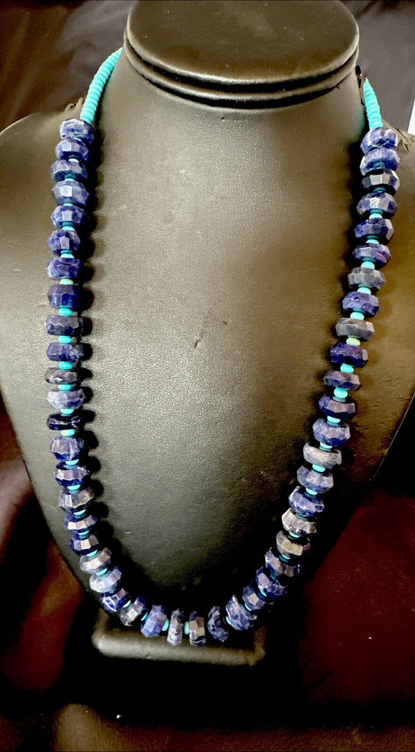 Men's Turquoise 12mm Faceted Lapis Bead Navajo Necklace 23" | Sterling Silver | Authentic Native American Handmade | 18276