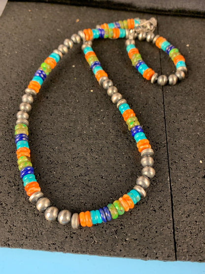 Native Sterling Silver Multi-Stone Turquoise Lapis Necklace Bracelet Set