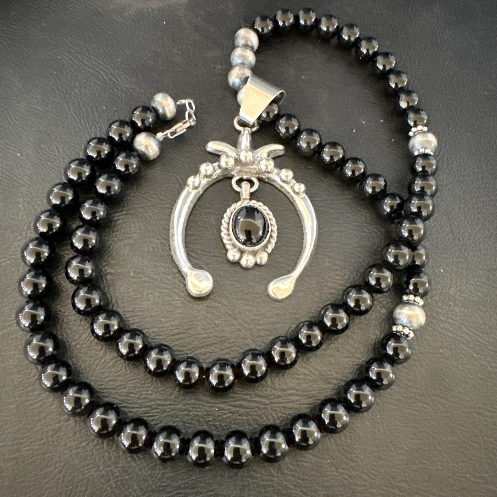 Mens Black Onyx Naja Pendant Navajo Pearls Sterling Silver Necklace 23” 17686