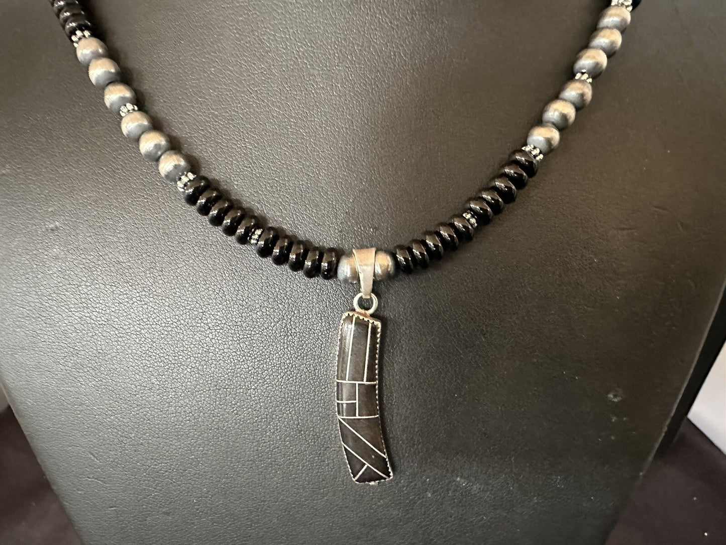 Mens Womens Black Onyx Pendant Navajo Sterling Silver Beads Necklace 18332