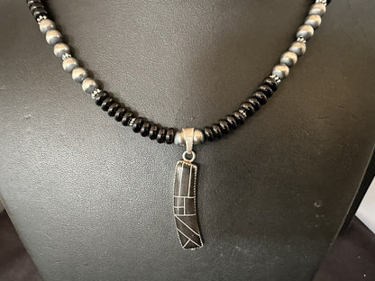 Mens Womens Black Onyx Pendant Navajo Sterling Silver Beads Necklace 18332