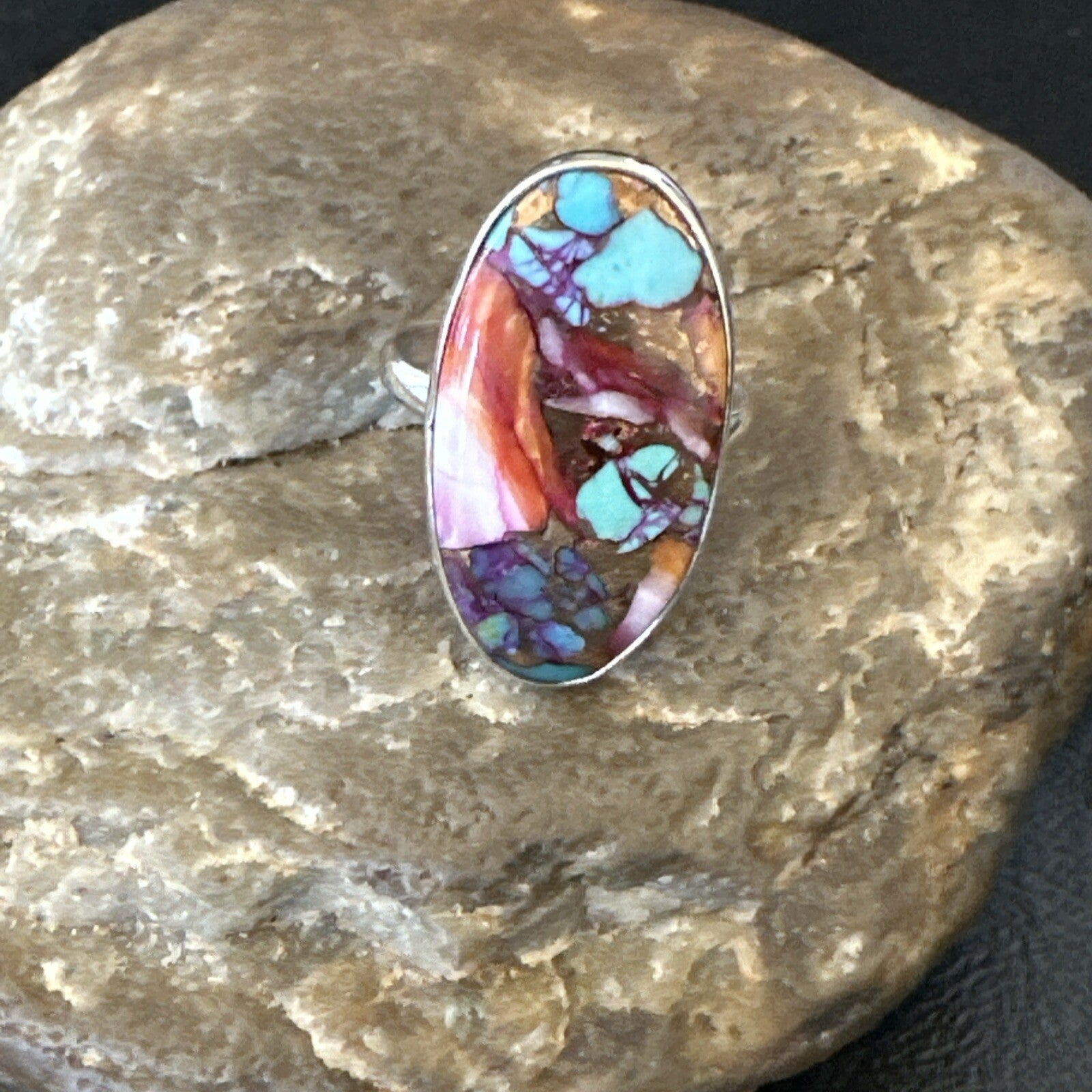 Blue Turquoise Spiny Oyster Southwestern Sterling Silver Ring Size 8 18428