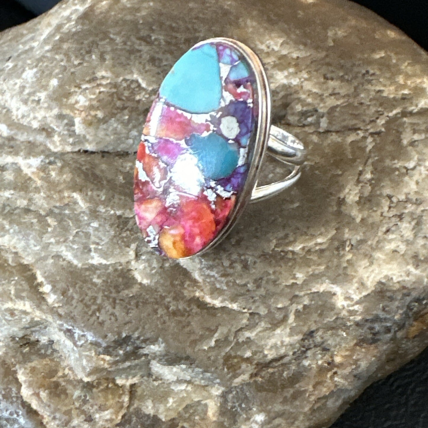 Blue Turquoise Spiny Oyster Navajo Sterling Silver Ring Size 7 18215