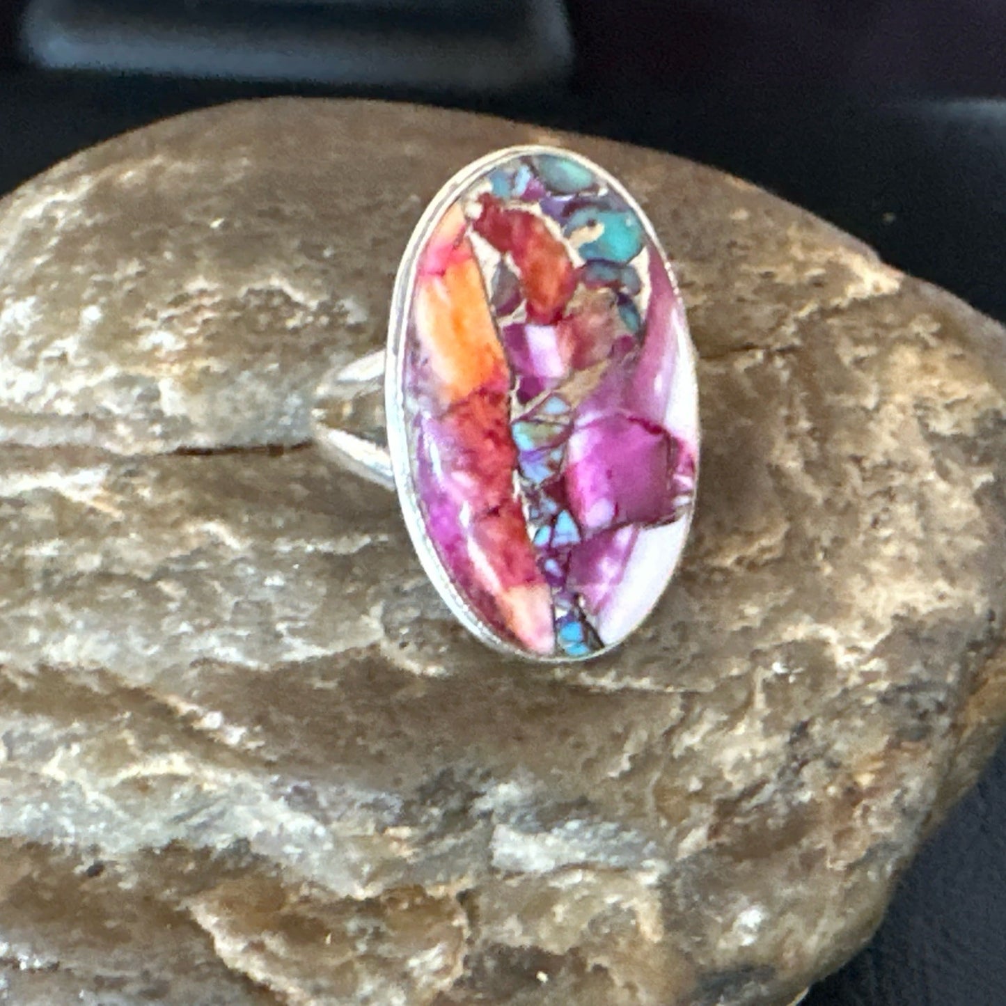 Blue Turquoise Spiny Oyster Southwestern Sterling Silver Ring Size 10 19056
