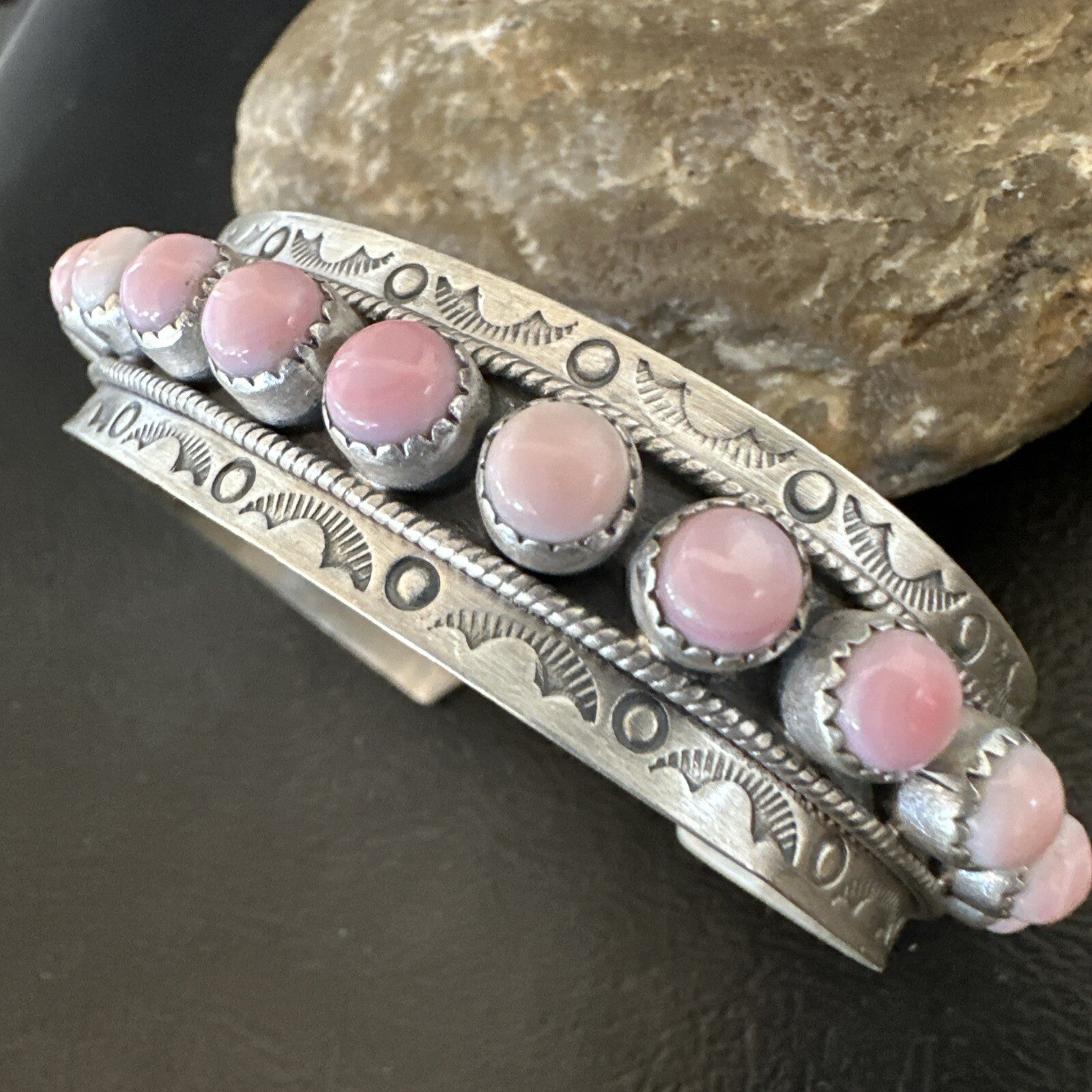Navajo Pink Conch Cluster Sterling Silver Cuff Bracelet 18854
