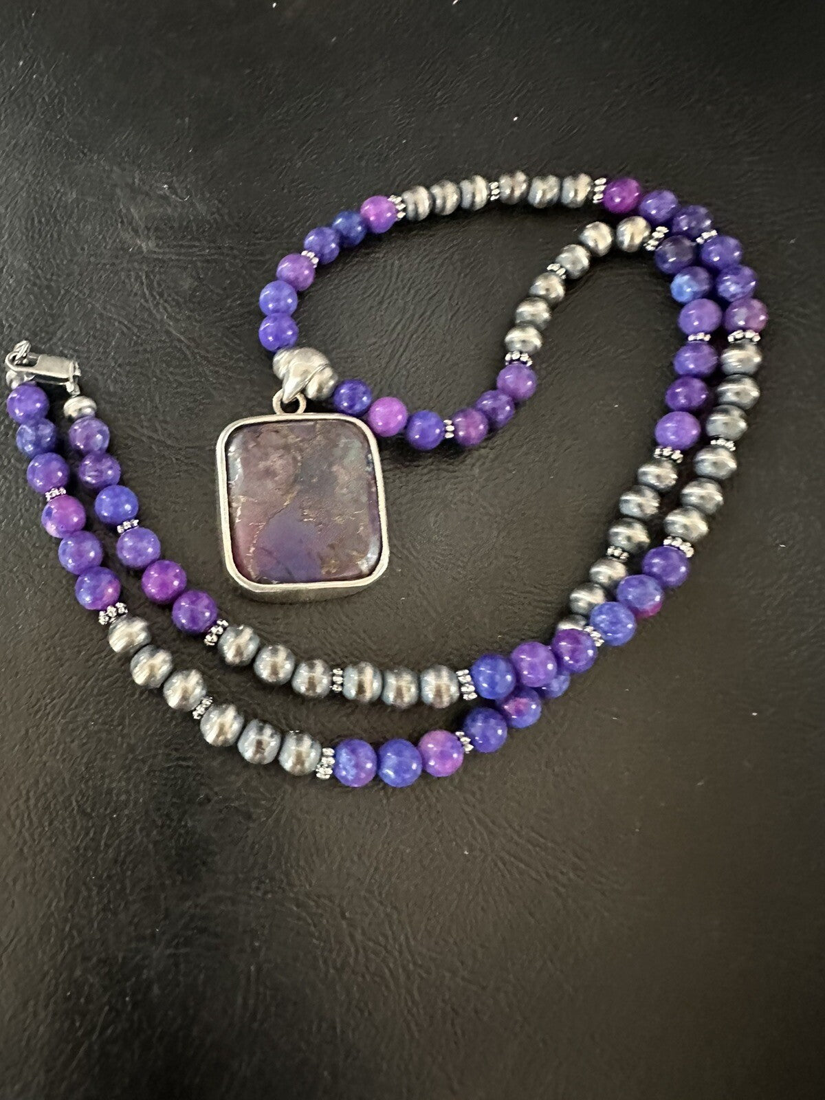 Purple Stone Turquoise Pendant Pearls Sterling Silver Necklace 18385
