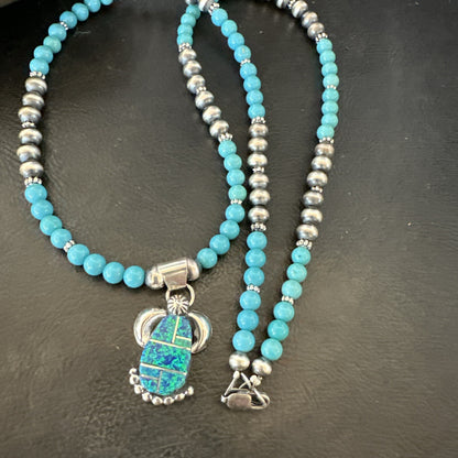 Blue Opal Pendant Turquoise Navajo Sterling Silver Necklace 23" 18736