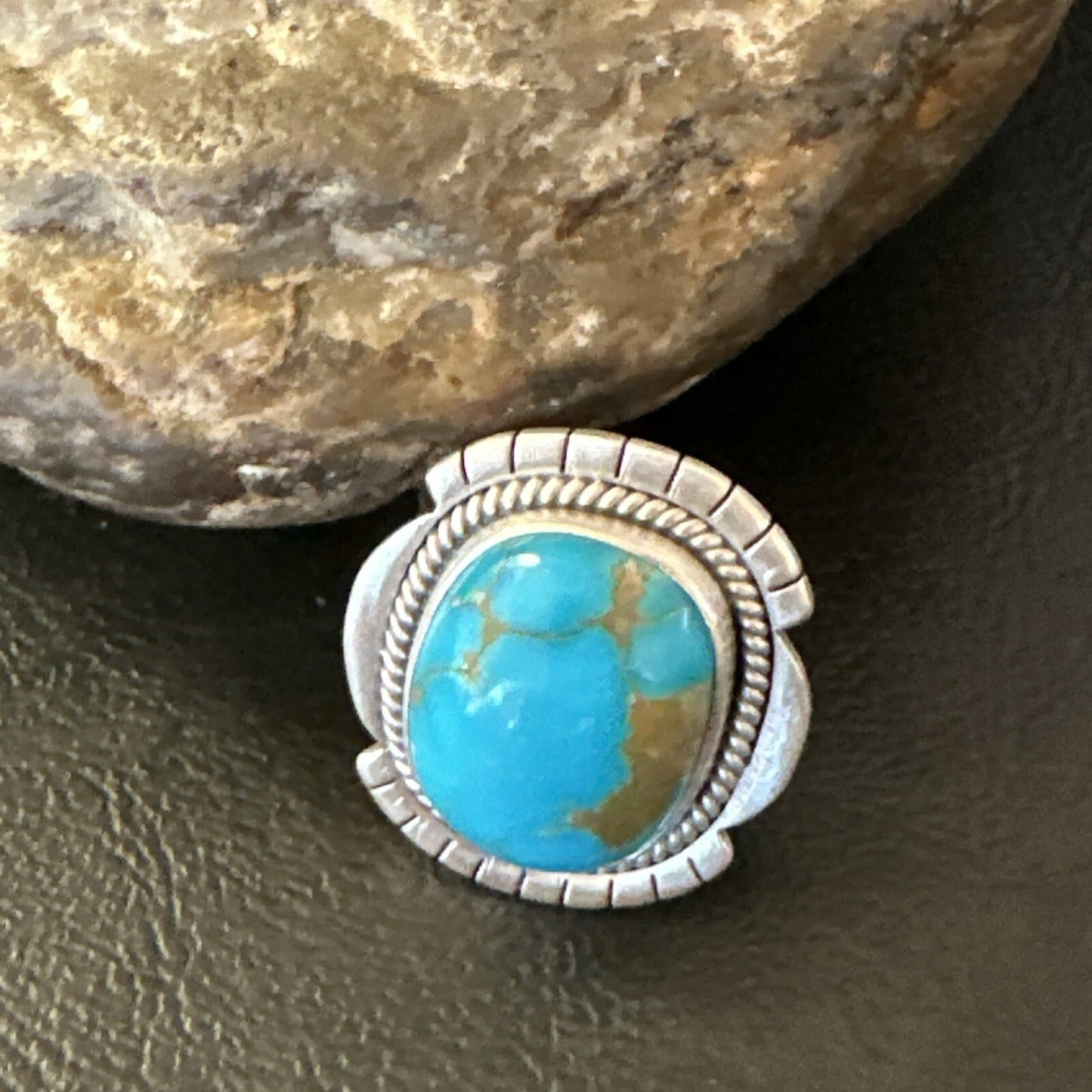 Blue Kingman Turquoise Navajo Sterling Silver Adjustable Ring Size 7 18824