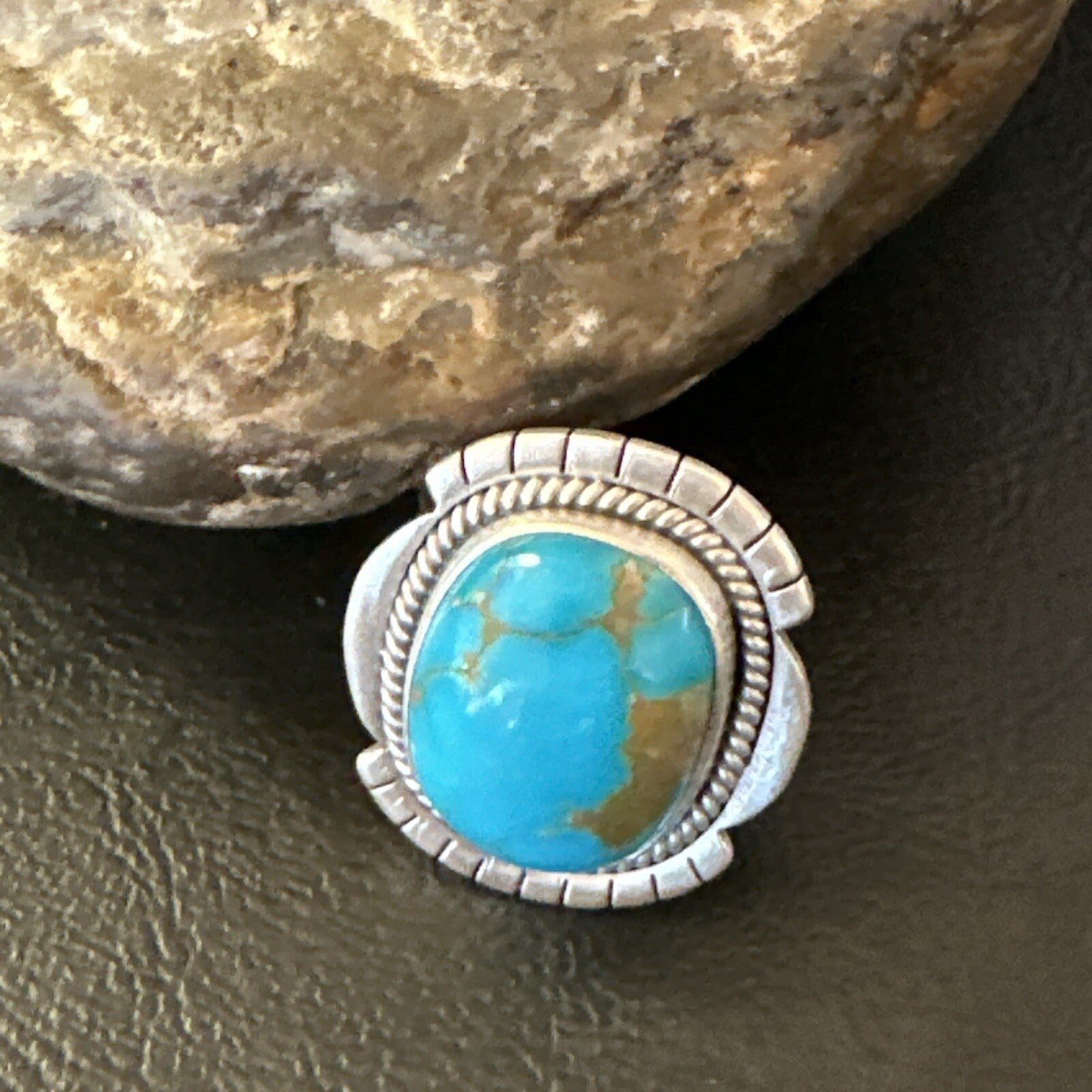 Blue Kingman Turquoise Navajo Sterling Silver Adjustable Ring Size 7 18824