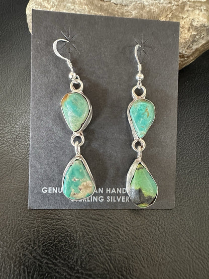 Green Royston Turquoise Navajo Sterling Silver Dangle Earrings 19370