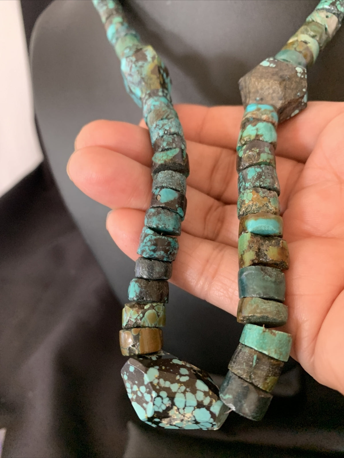 Men Chunky Spiderweb Turquoise Heishi Navajo Sterling Silver Necklace 21” 124505