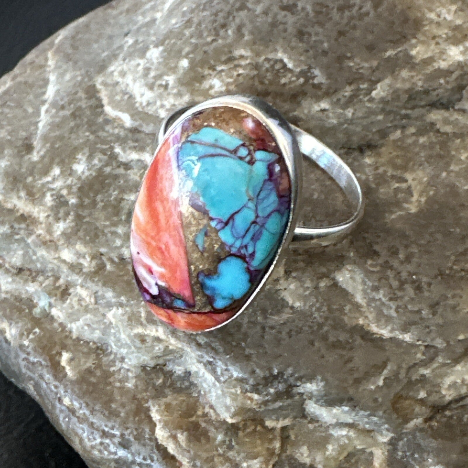 Blue Turquoise Spiny Oyster Southwestern Sterling Silver Ring Size 11 18457