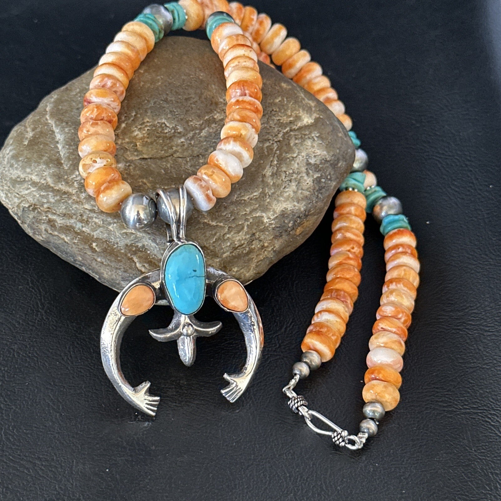 Blue Turquoise & Spiny Oyster Naja Pendant Navajo Sterling Silver Necklace 14811
