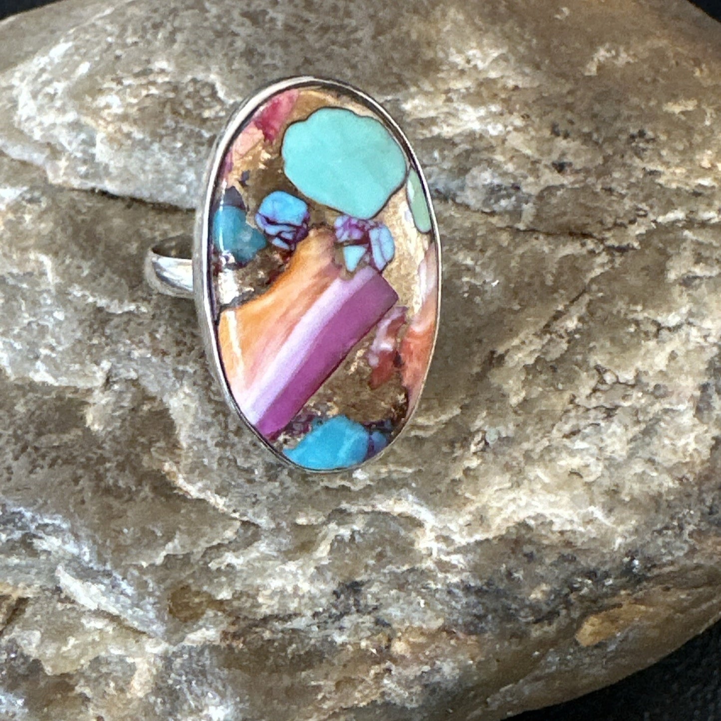 Blue Turquoise Spiny Oyster Navajo Sterling Silver Ring Size 8 18234