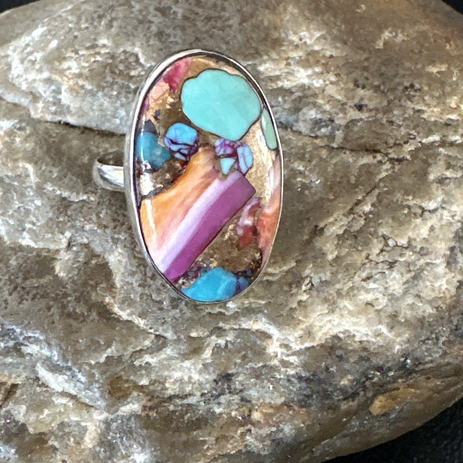 Blue Turquoise Spiny Oyster Navajo Sterling Silver Ring Size 8 18234