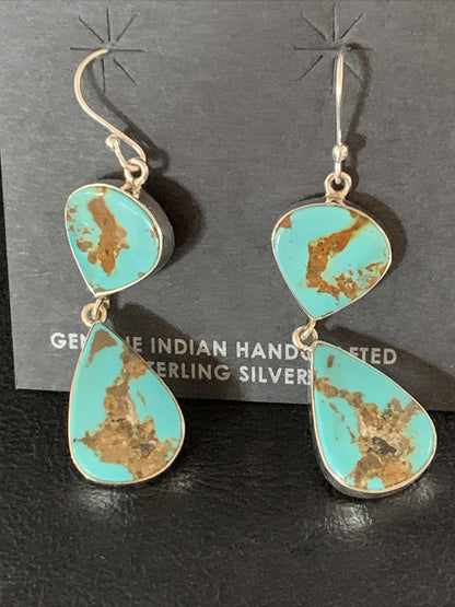 Blue Kingman Turquoise Navajo Sterling Silver Dangle Earrings 14075