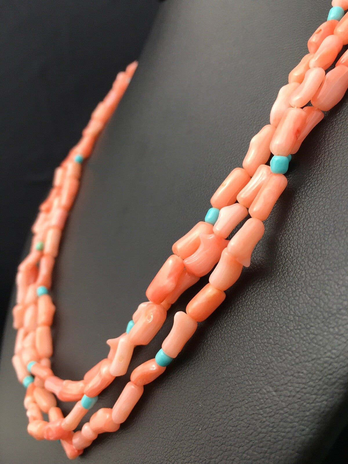 Turquoise & Pink Coral Southwestern Sterling Silver 3 Strand Necklace 04389