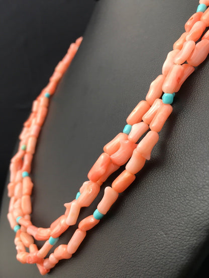 Turquoise & Pink Coral Southwestern Sterling Silver 3 Strand Necklace 04389