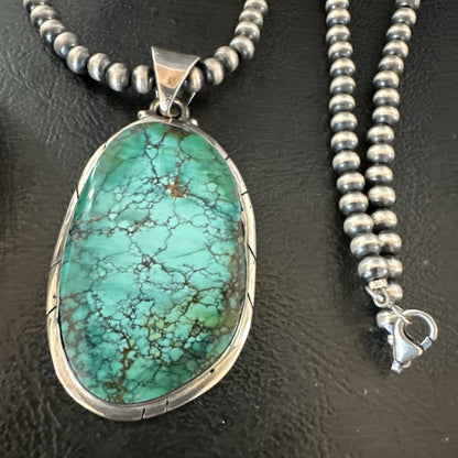 Blue  Green Spiderweb Turquoise Pendant  Sterling Silver Beads Necklace 19494