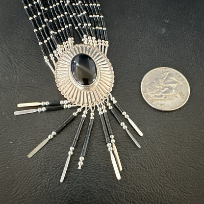 Black Onyx Liquid Silver 10S Heishi Tubes 19" Necklace Concho Pendant 17707