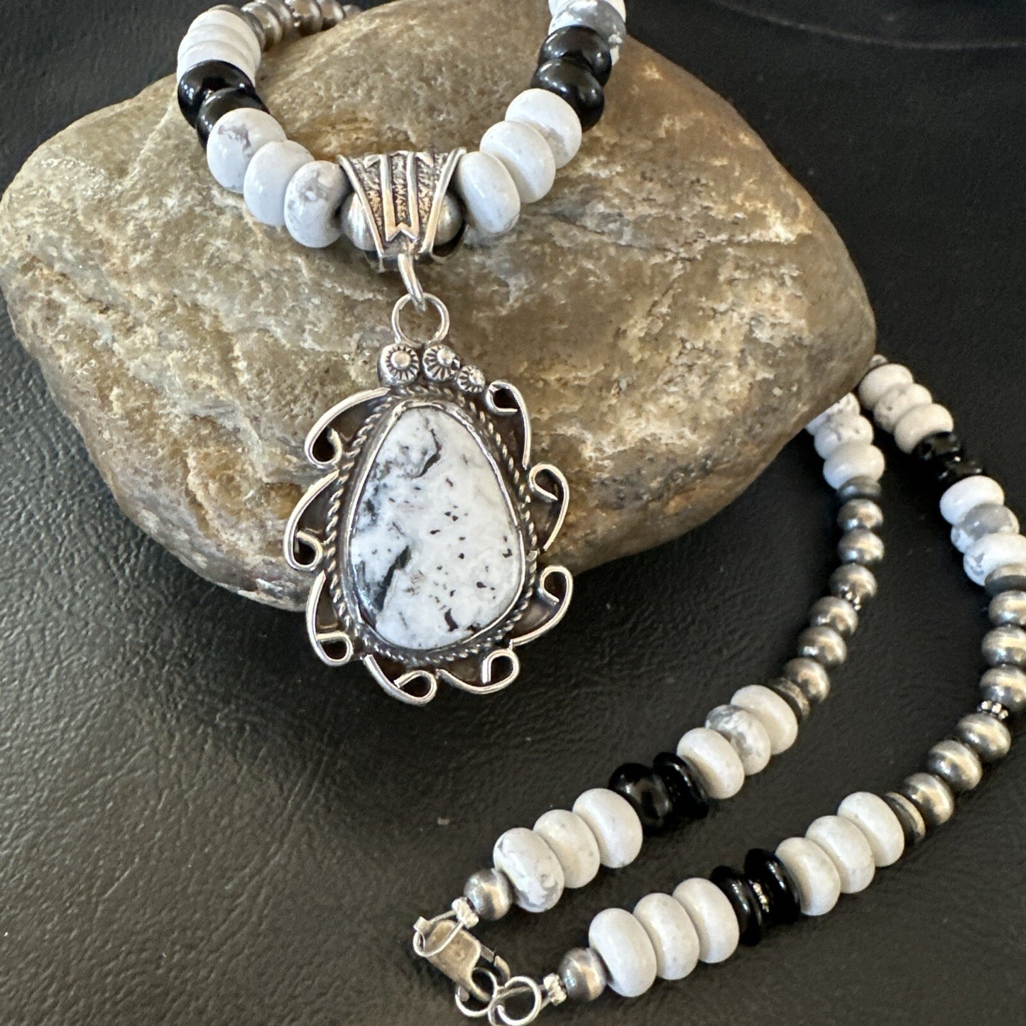White Buffalo Turquoise Pendant Howlite Navajo Sterling Silver Necklace 24”18724
